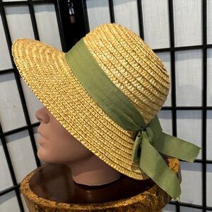 Easter Spring Straw Hat with Large Green Ribbon Bow EUC Small/Medium